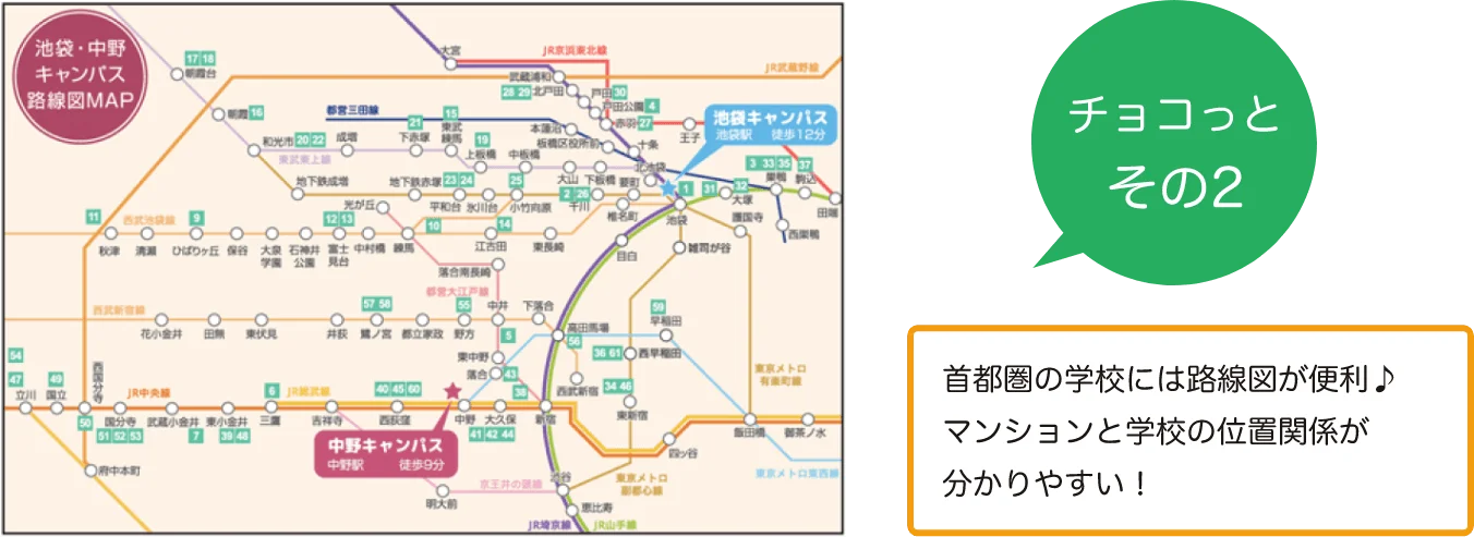 チョコっと その2 首都圏の学校には路線図が便利♪マンションと学校の位置関係が分かりやすい!
