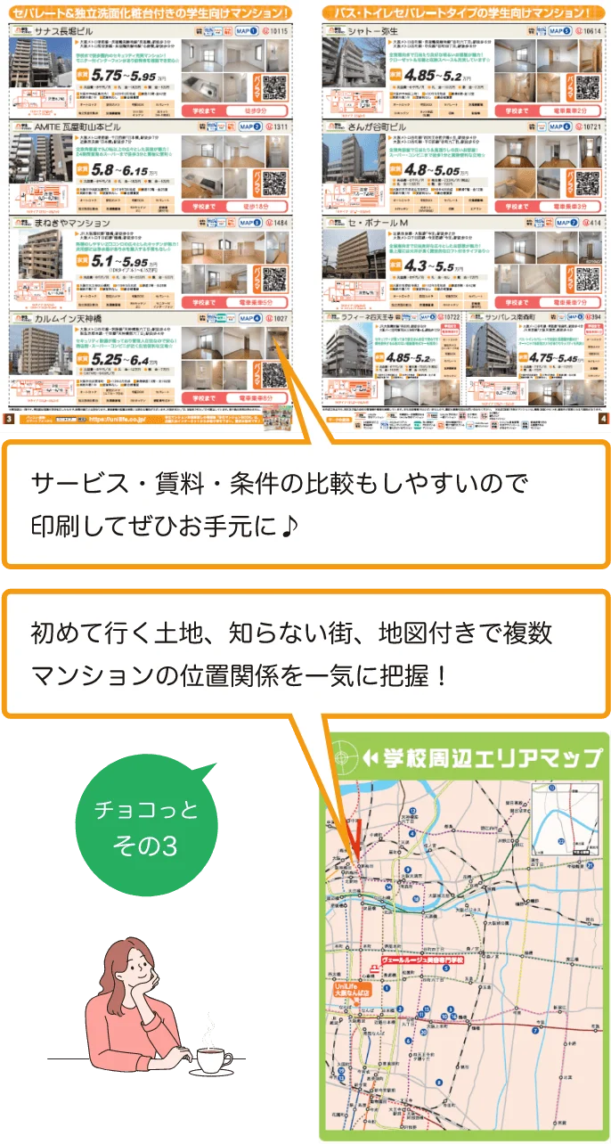 チョコっと その3 サービス・賃料・条件の比較もしやすいので印刷してぜひお手元に♪初めて行く土地、知らない街、地図付きで複数マンションの位置関係を一気に把握!